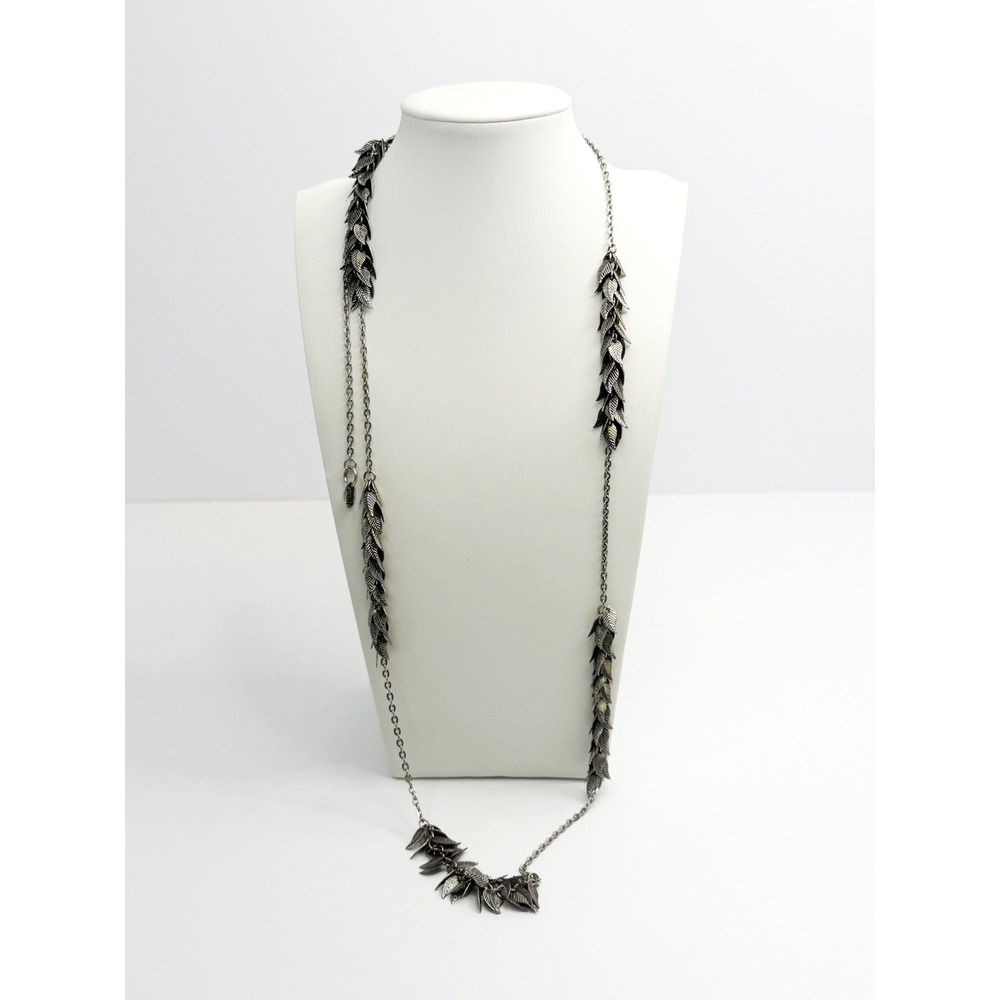 Marlyn Schiff Long Antiqued Silver Tone Leaf Cluster Station Chain Necklace Boho